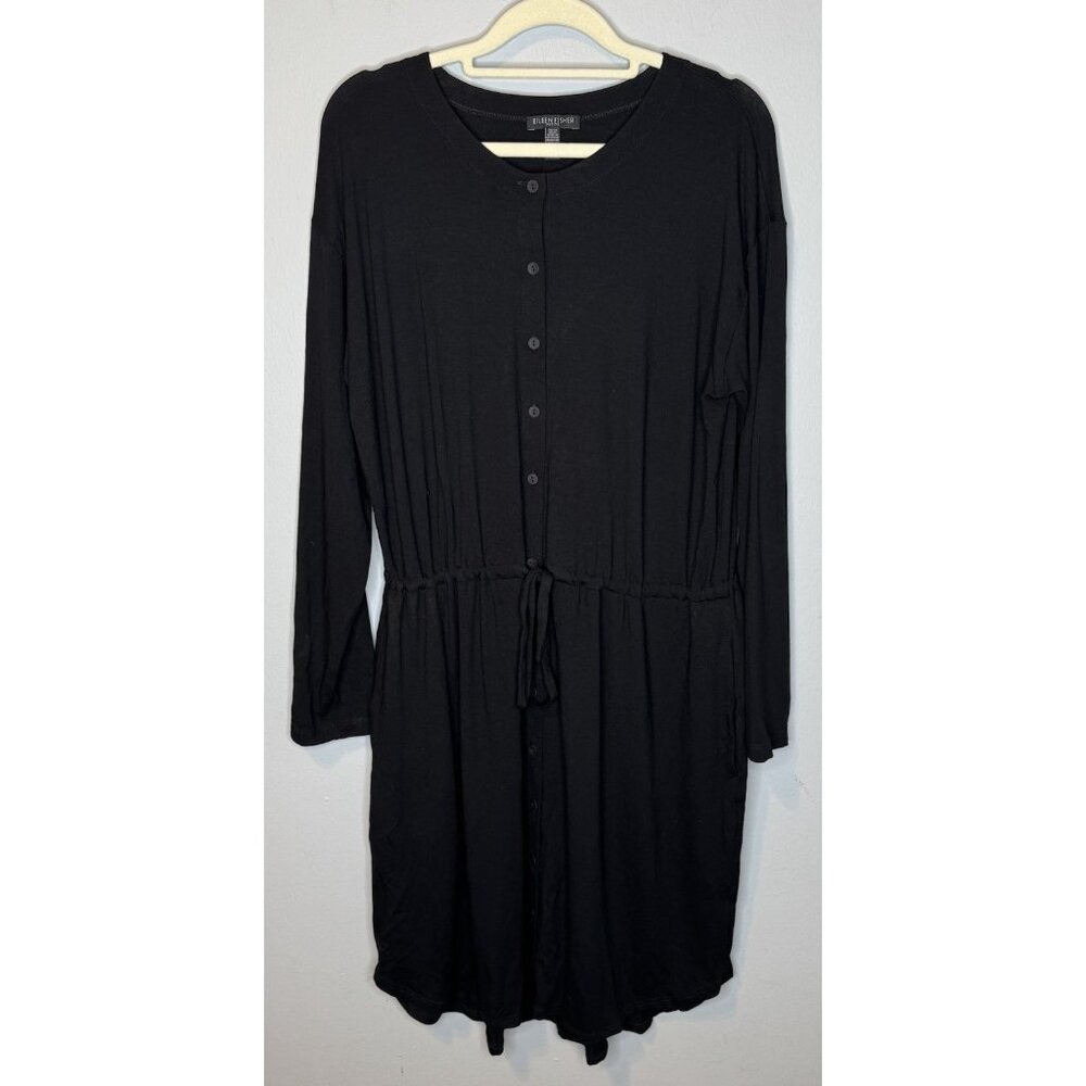 Eileen Fisher Petite Large Black Dress Long Sleeve Tie Waist Button Frnt Viscose